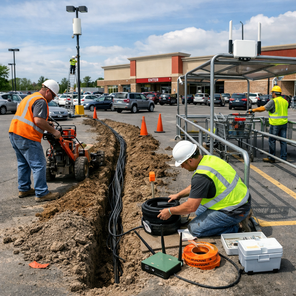 A transmitter line being buried for locking wheels while gateways and beacons are setup on light posts and cart corrals. A transmitter line being buried for locking wheels while gateways and beacons are setup on light posts and cart corrals.