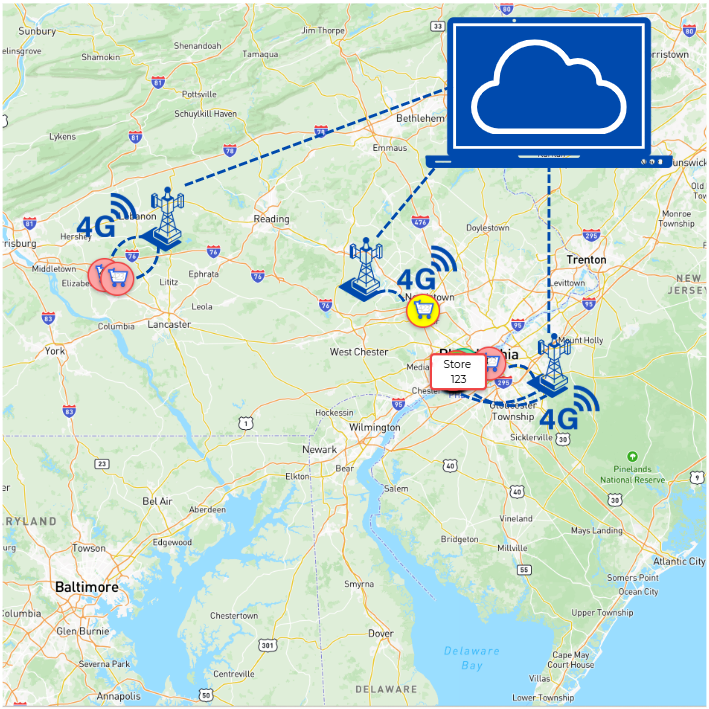 A live map view of shopping carts miles away from a store able to communicate via cellular to a cloud platform. A live map view of shopping carts miles away from a store able to communicate via cellular to a cloud platform.