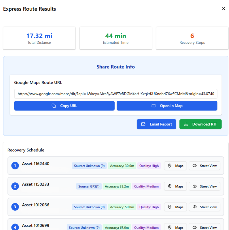 An express route generated on the QuickTrack platform that is automatically sent to retrieval partners An express route generated on the QuickTrack platform that is automatically sent to retrieval partners